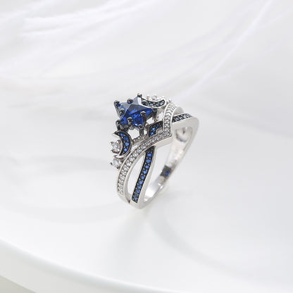 Crown Ring For Women Moon And Star Inspired Blue Sapphire Inlaid