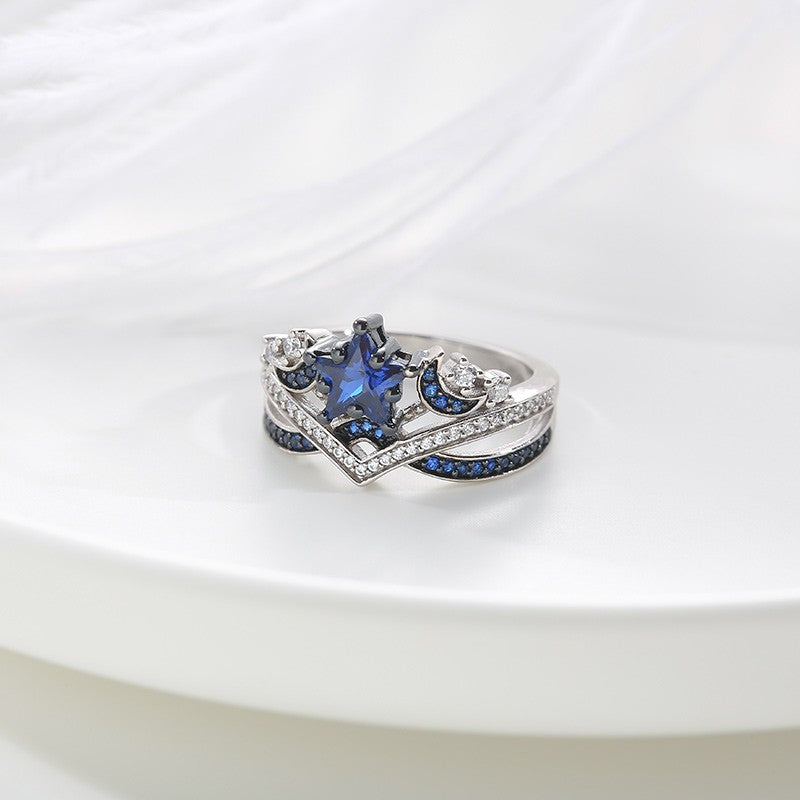 Crown Ring For Women Moon And Star Inspired Blue Sapphire Inlaid