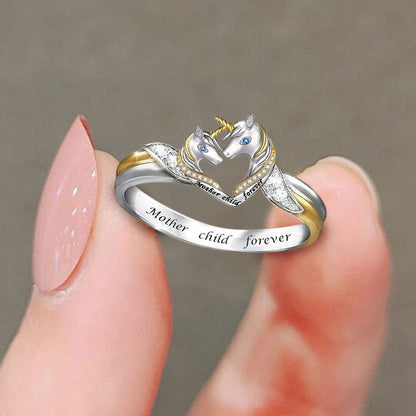 S925 Mother Child Forever Heart Unicorn Ring