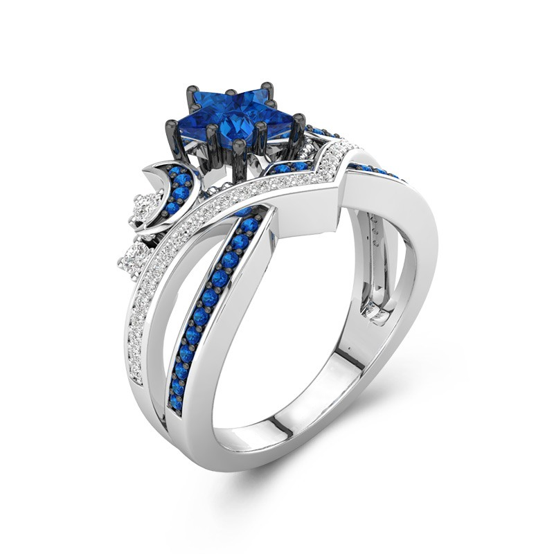 Crown Ring For Women Moon And Star Inspired Blue Sapphire Inlaid