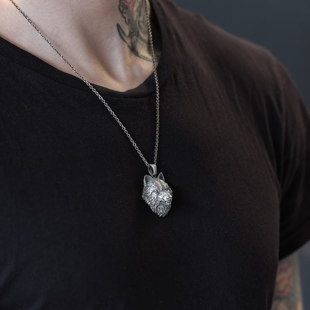 Angry Alpha Wolf Head Oxidized Mens Pendant Necklace