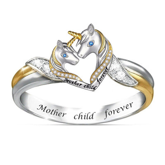 S925 Mother Child Forever Heart Unicorn Ring