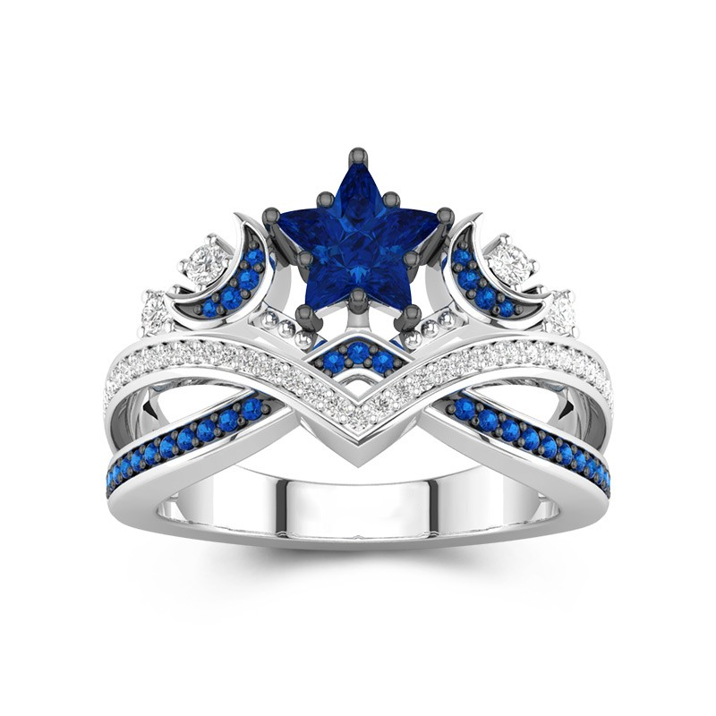 Crown Ring For Women Moon And Star Inspired Blue Sapphire Inlaid