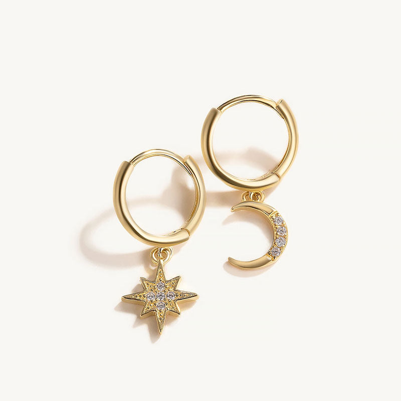 S925 Delicate Moon Star Zircon Hoop Earrings