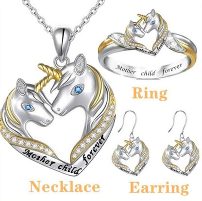 S925 Mother Child Forever Heart Unicorn Ring