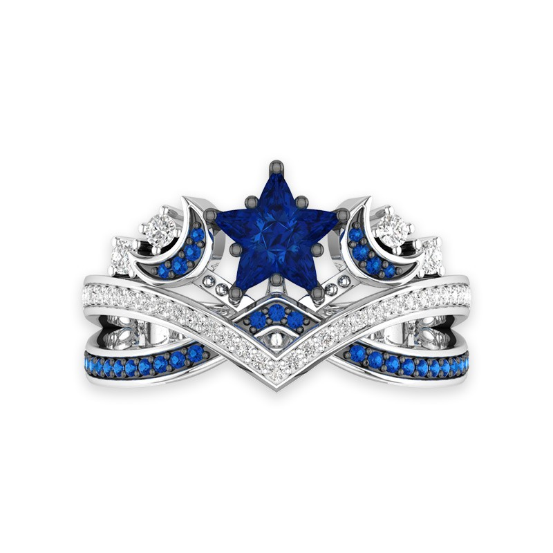 Crown Ring For Women Moon And Star Inspired Blue Sapphire Inlaid