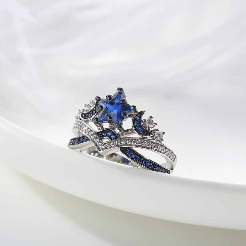 Crown Ring For Women Moon And Star Inspired Blue Sapphire Inlaid