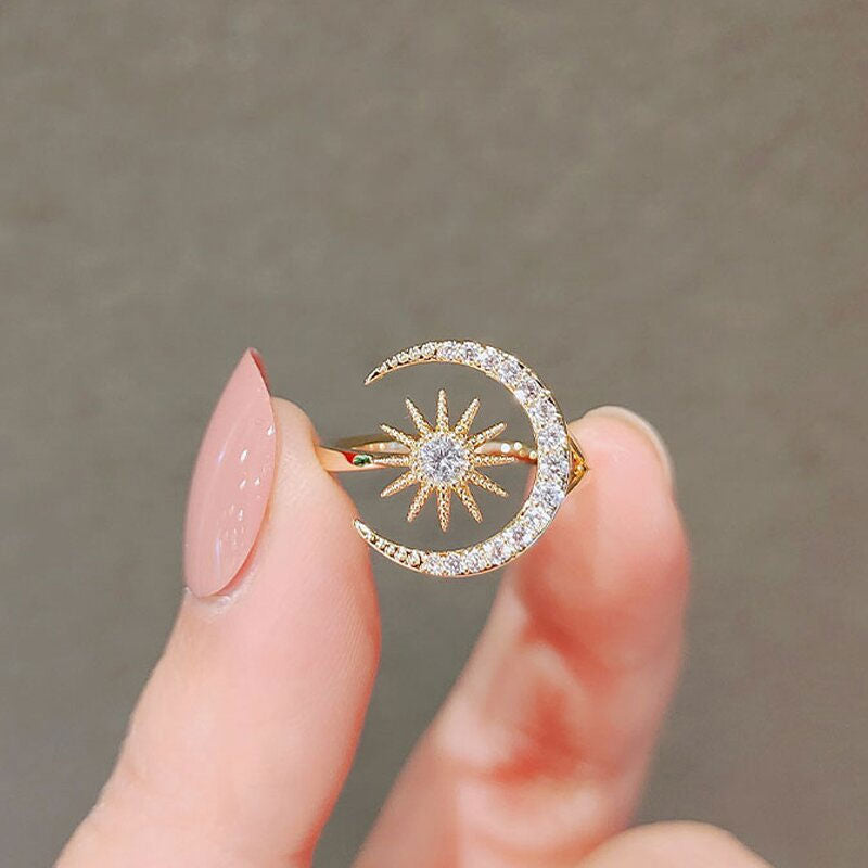 S925 Crescent moon & star ring