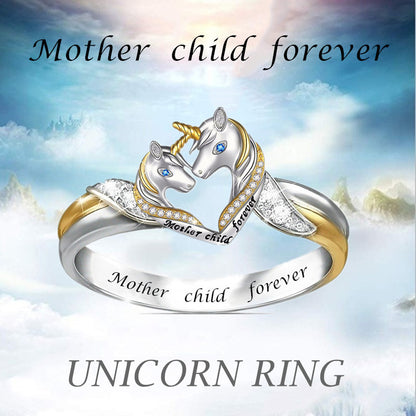 S925 Mother Child Forever Heart Unicorn Ring